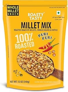 Roasty Tasty Millet Mix Peri Peri 340g | Healthy Snack of Roasted Bajra, Wheat Flakes, Moong, Masoor, Peanuts Ideal Millet Namkeen for Kids & Adults | Low Calorie Snacks - Roasted Namkeen - No Cholesterol, No Transfat Diet Mixture in Peri Peri Masala | Millet Snacks Items