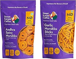 Sweet Karam Coffee Andhra Spicy & Garlic Murukku Combo | No Palm Oil | No Preservatives | South Indian Chakli | Crispy & Crunchy Tea-Time Snack | Festive Special | Homemade Recipe | 95g x 2 Packs